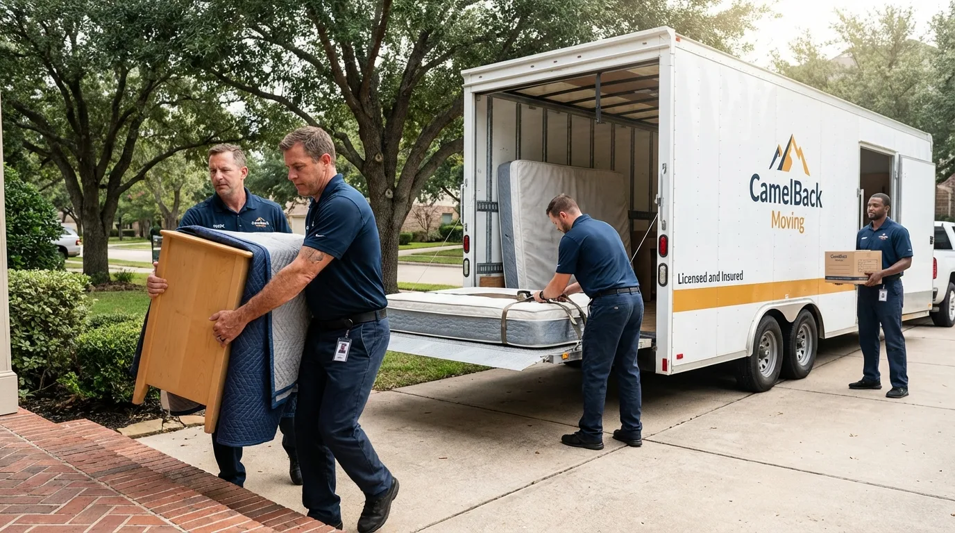 Crew loading residential truck for cross-state move from Dermott, AR