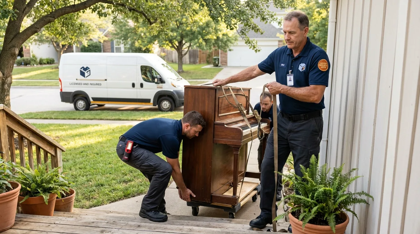 Licensed piano movers securing grand piano in Dermott, AR